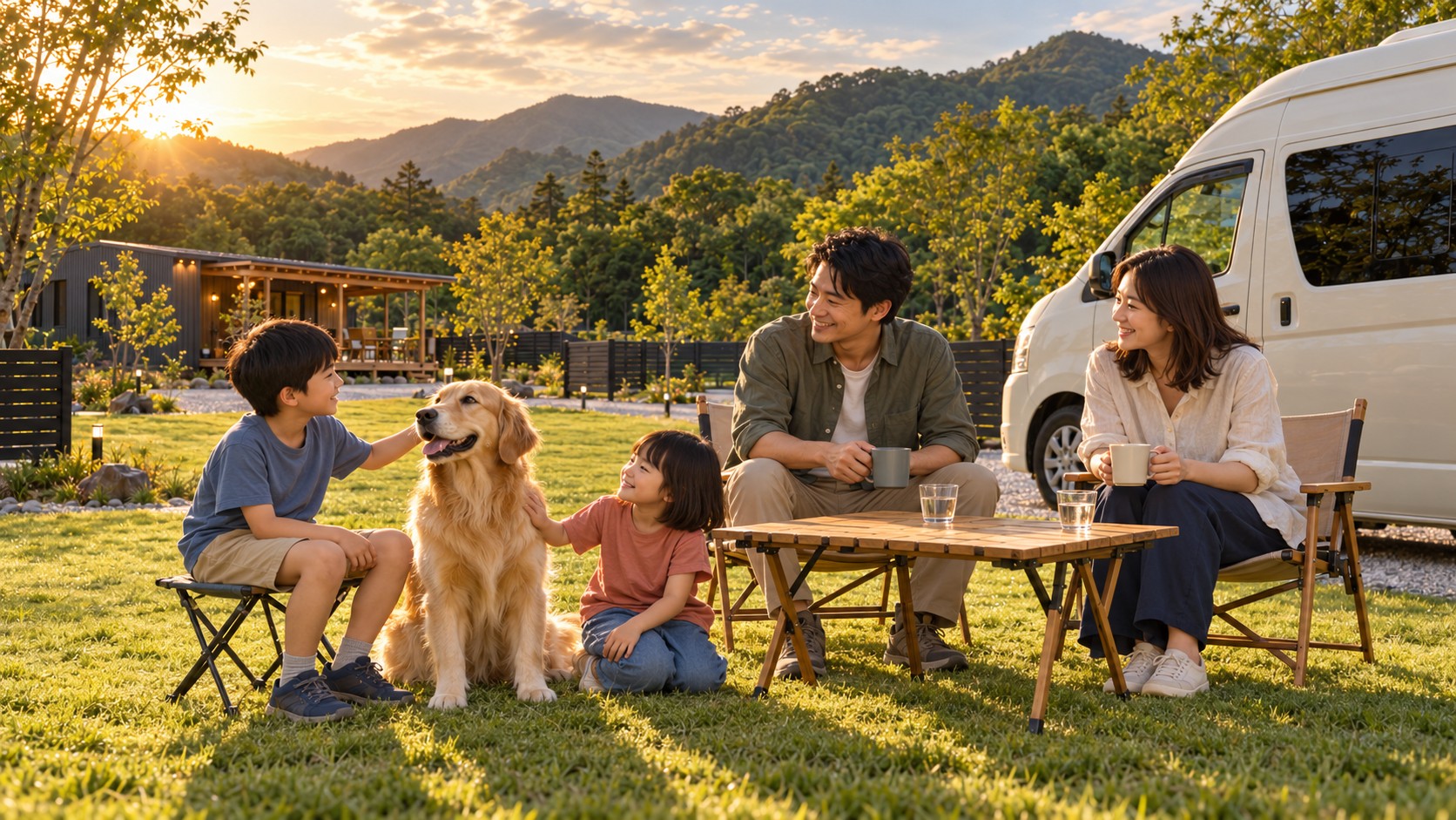 30代の夫婦、男の子と女の子、愛犬が過ごす架空施設のAI生成イメージ