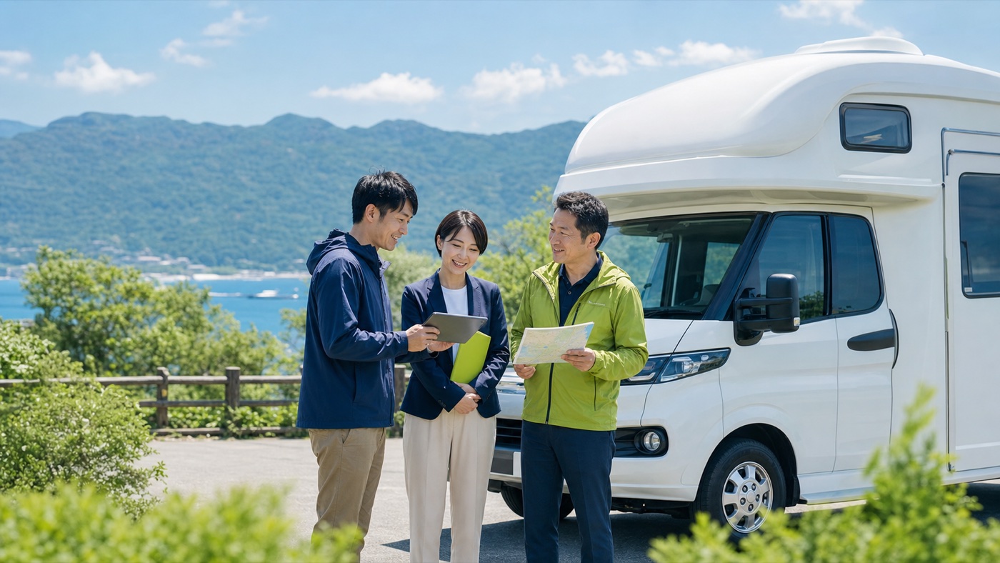 キャンピングカーの前で地域支援について相談するチーム